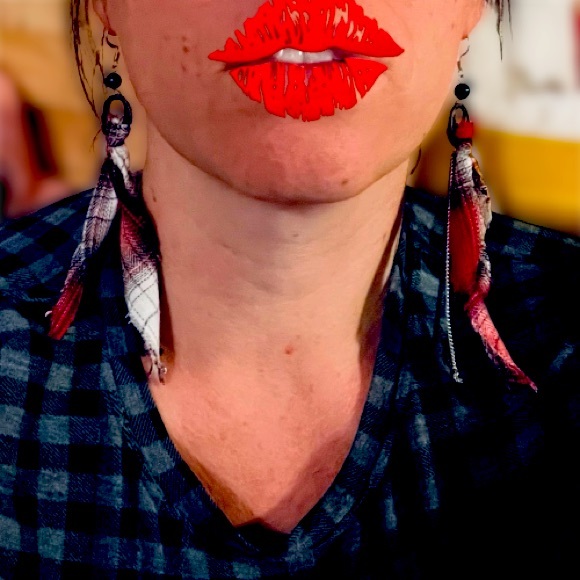 ⚫️Farmhouse Bling Plaid Fabric Rustic Boho Tassel Earring Shoulder Dusters OOAK - Picture 7 of 10